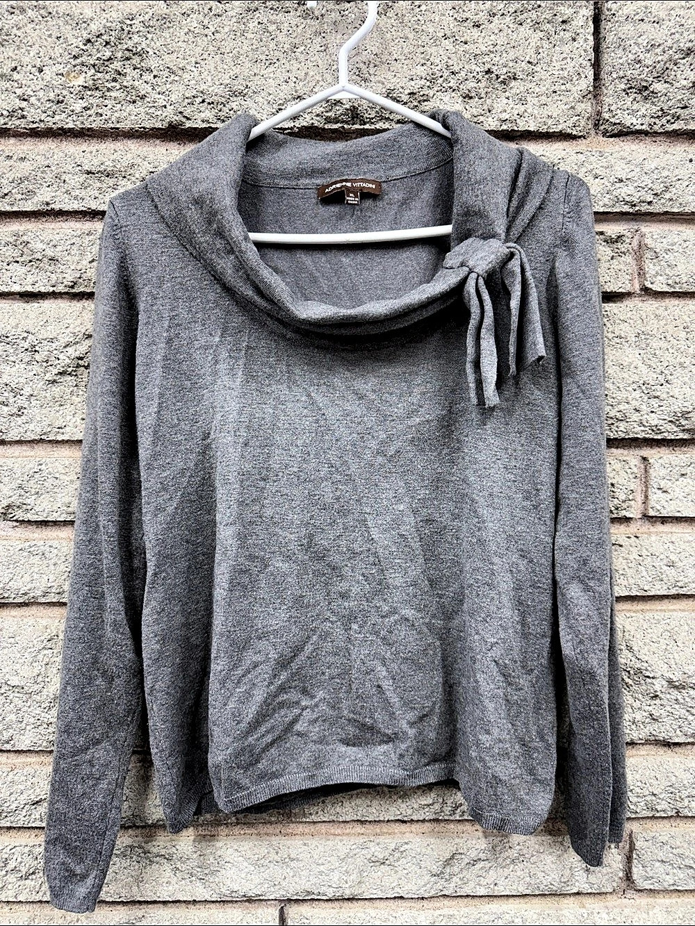 Adrienne Vittadini Gray Cowl Neck Bow Detail Knit Sweater Top XL